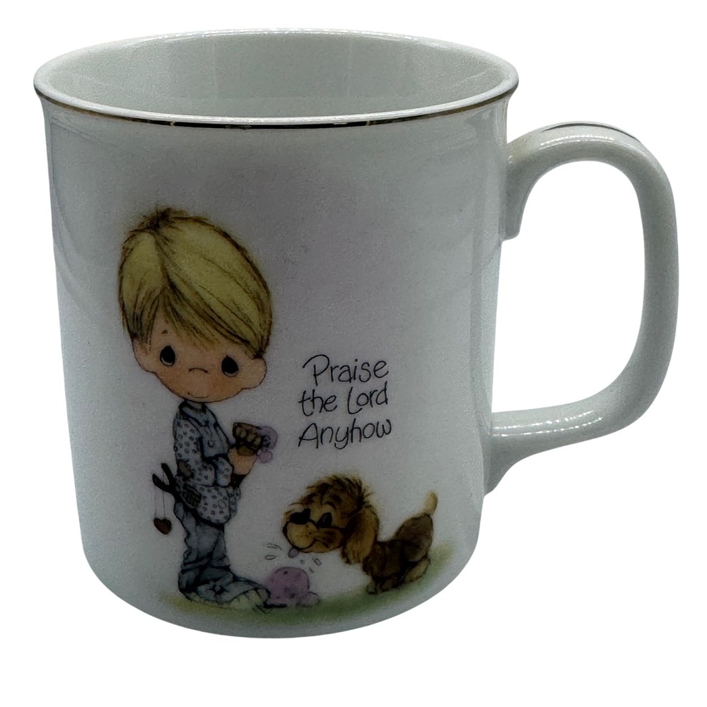 Vintage 1980 Precious Moments Praise the Lord Anyhow Mug Enesco Boy Dog Gold